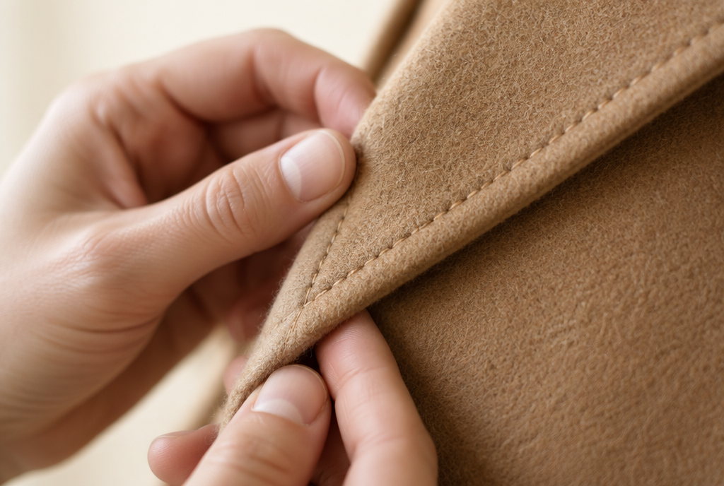 Hands checking the stitching on a wool coat lapel