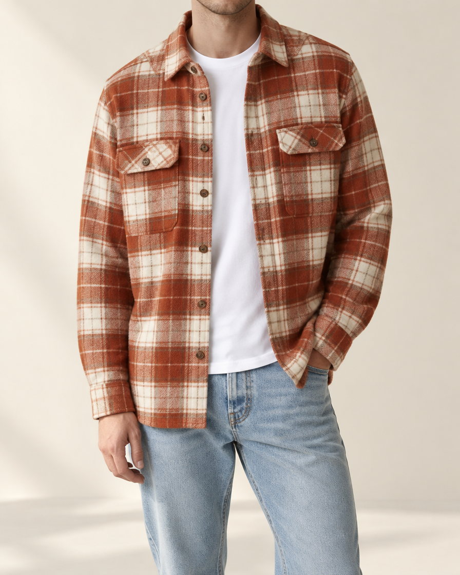 Bramble Flannel Overshirt in Rust Check