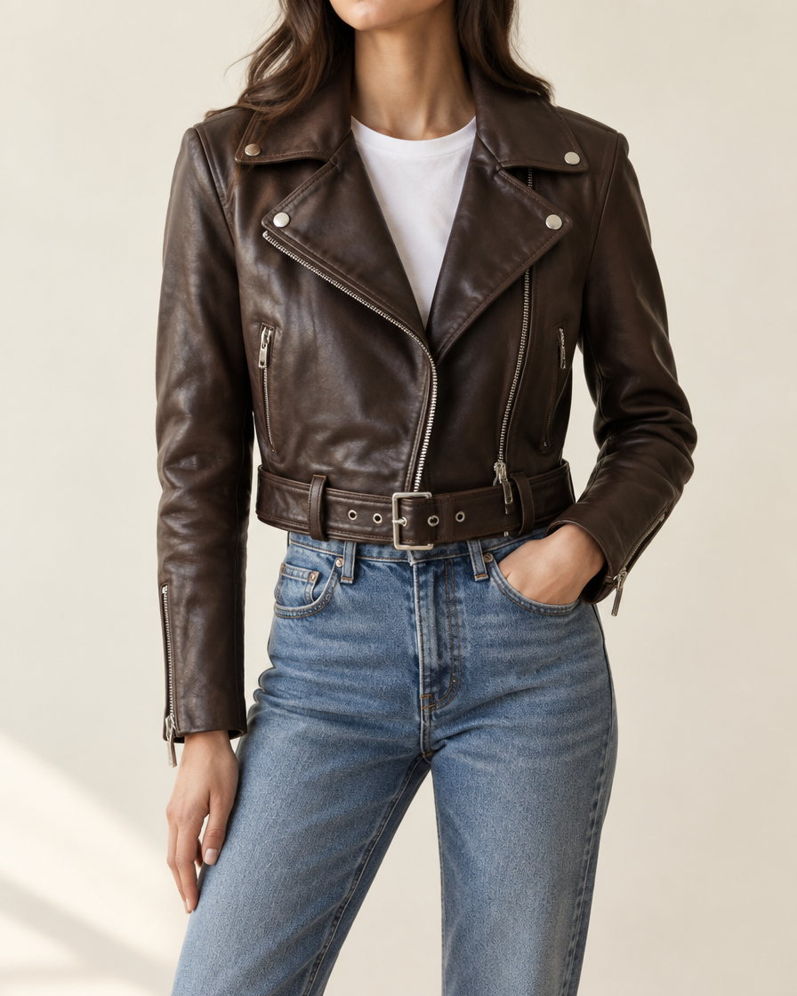 Marlow Leather Biker Jacket in Espresso